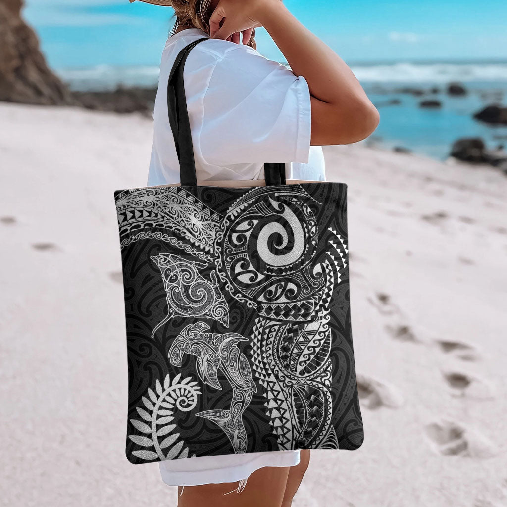 Aotearoa Maori Sea Animals Tribal Tote Bag Manta Ray and Shark Moko Pattern Black Color