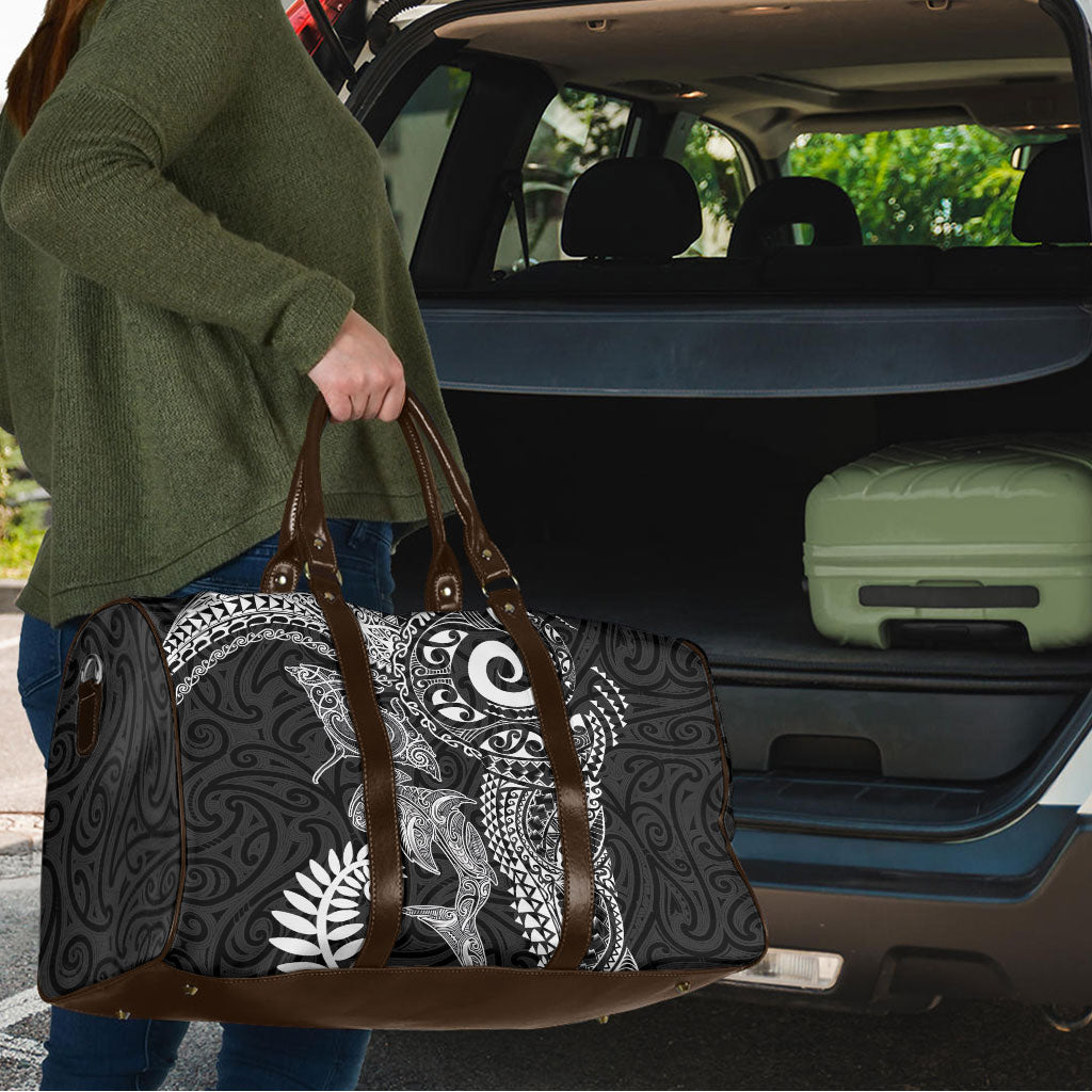 Aotearoa Maori Sea Animals Tribal Travel Bag Manta Ray and Shark Moko Pattern Black Color
