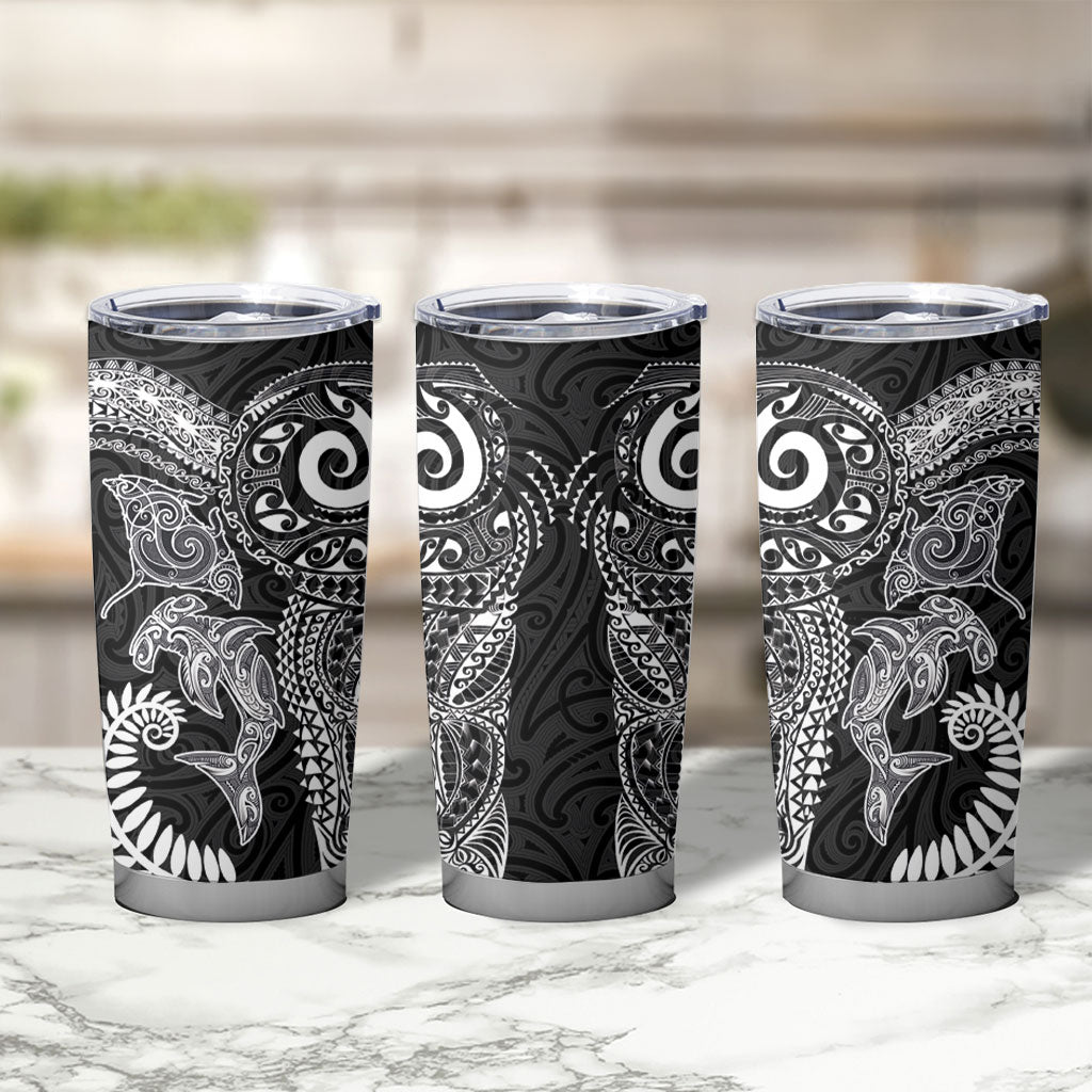 Aotearoa Maori Sea Animals Tribal Tumbler Cup Manta Ray and Shark Moko Pattern Black Color