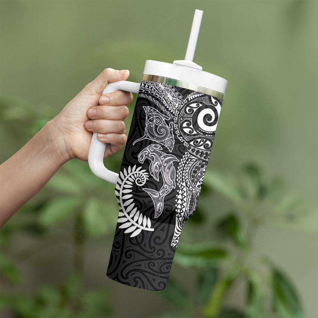 Aotearoa Maori Sea Animals Tribal Tumbler With Handle Manta Ray and Shark Moko Pattern Black Color