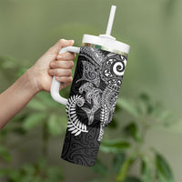 Aotearoa Maori Sea Animals Tribal Tumbler With Handle Manta Ray and Shark Moko Pattern Black Color
