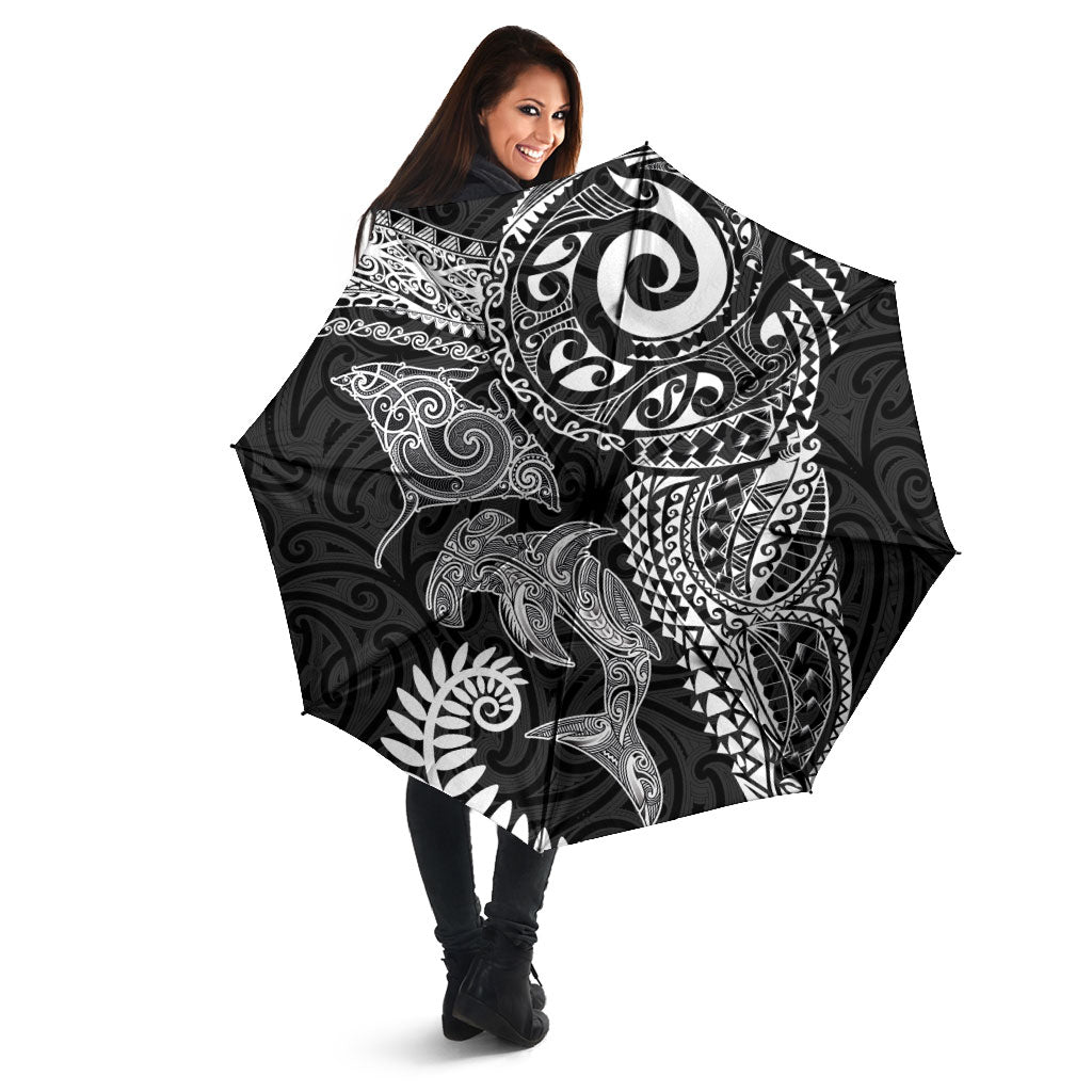Aotearoa Maori Sea Animals Tribal Umbrella Manta Ray and Shark Moko Pattern Black Color