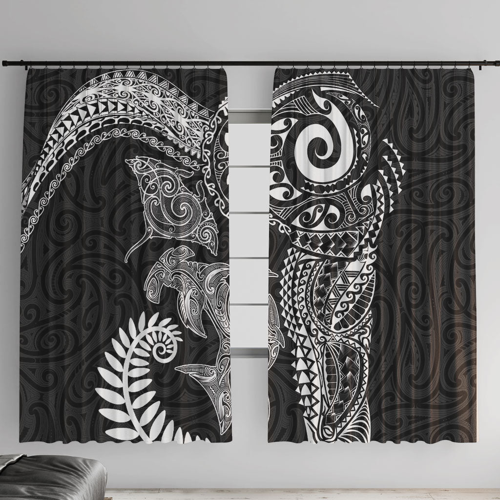 Aotearoa Maori Sea Animals Tribal Window Curtain Manta Ray and Shark Moko Pattern Black Color