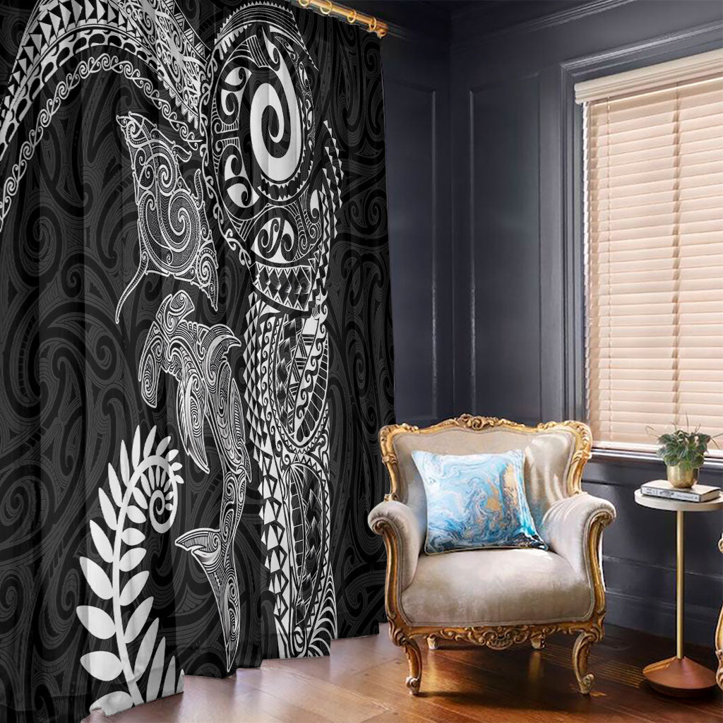 Aotearoa Maori Sea Animals Tribal Window Curtain Manta Ray and Shark Moko Pattern Black Color