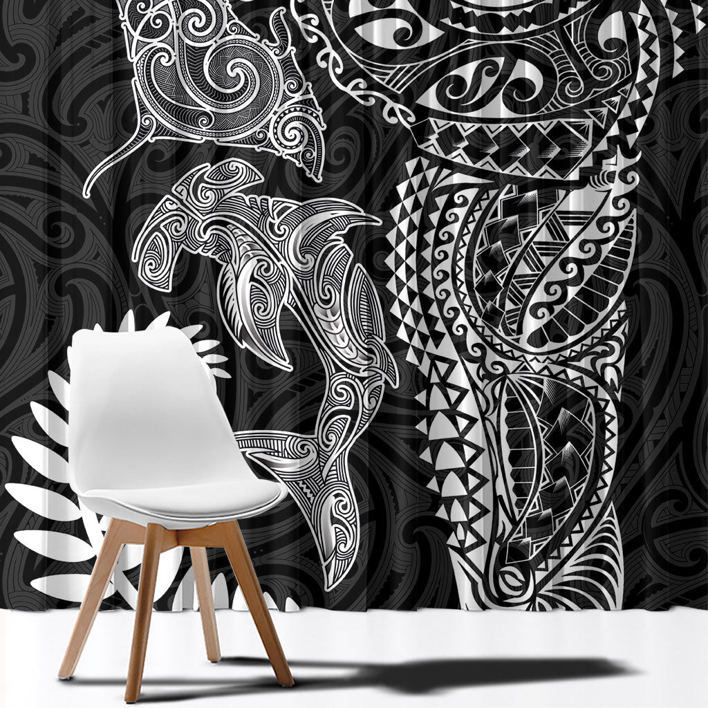 Aotearoa Maori Sea Animals Tribal Window Curtain Manta Ray and Shark Moko Pattern Black Color