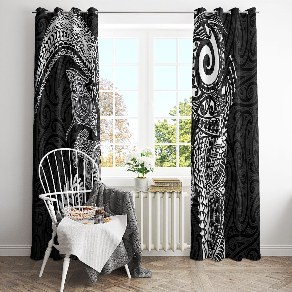 Aotearoa Maori Sea Animals Tribal Window Curtain Manta Ray and Shark Moko Pattern Black Color