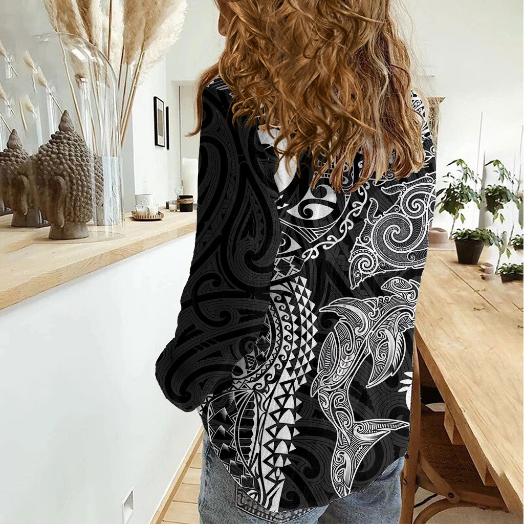 Aotearoa Maori Sea Animals Tribal Women Casual Shirt Manta Ray and Shark Moko Pattern Black Color LT03 - Polynesian Pride