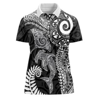 Aotearoa Maori Sea Animals Tribal Women Polo Shirt Manta Ray and Shark Moko Pattern Black Color LT03 Female Black - Polynesian Pride