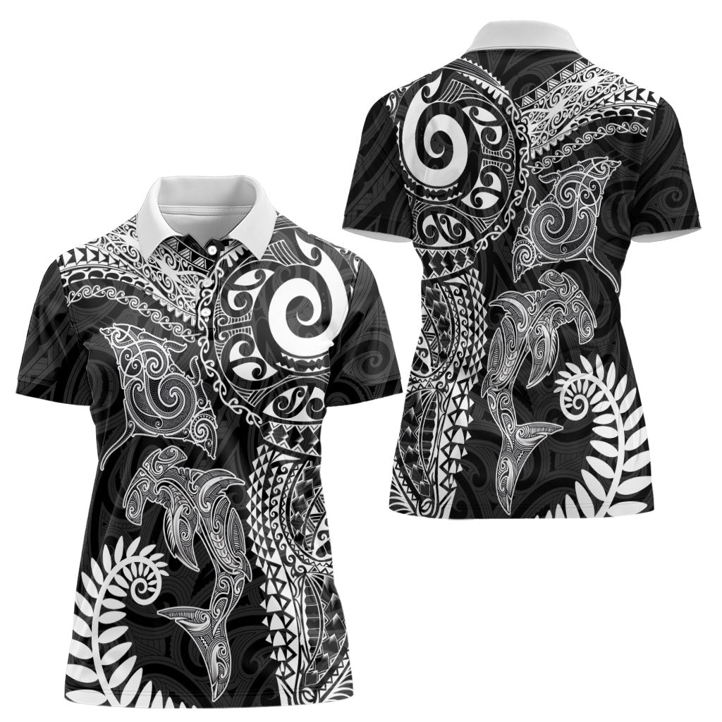 Aotearoa Maori Sea Animals Tribal Women Polo Shirt Manta Ray and Shark Moko Pattern Black Color LT03 - Polynesian Pride