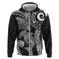 Aotearoa Maori Sea Animals Tribal Zip Hoodie Manta Ray and Shark Moko Pattern Black Color