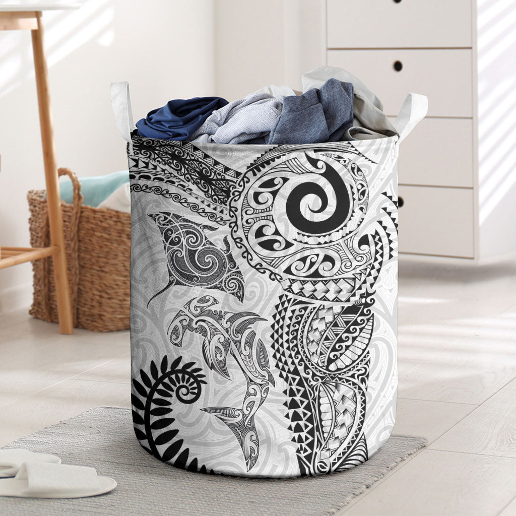 Aotearoa Maori Sea Animals Tribal Laundry Basket Manta Ray and Shark Moko Pattern White Color