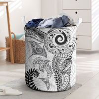 Aotearoa Maori Sea Animals Tribal Laundry Basket Manta Ray and Shark Moko Pattern White Color