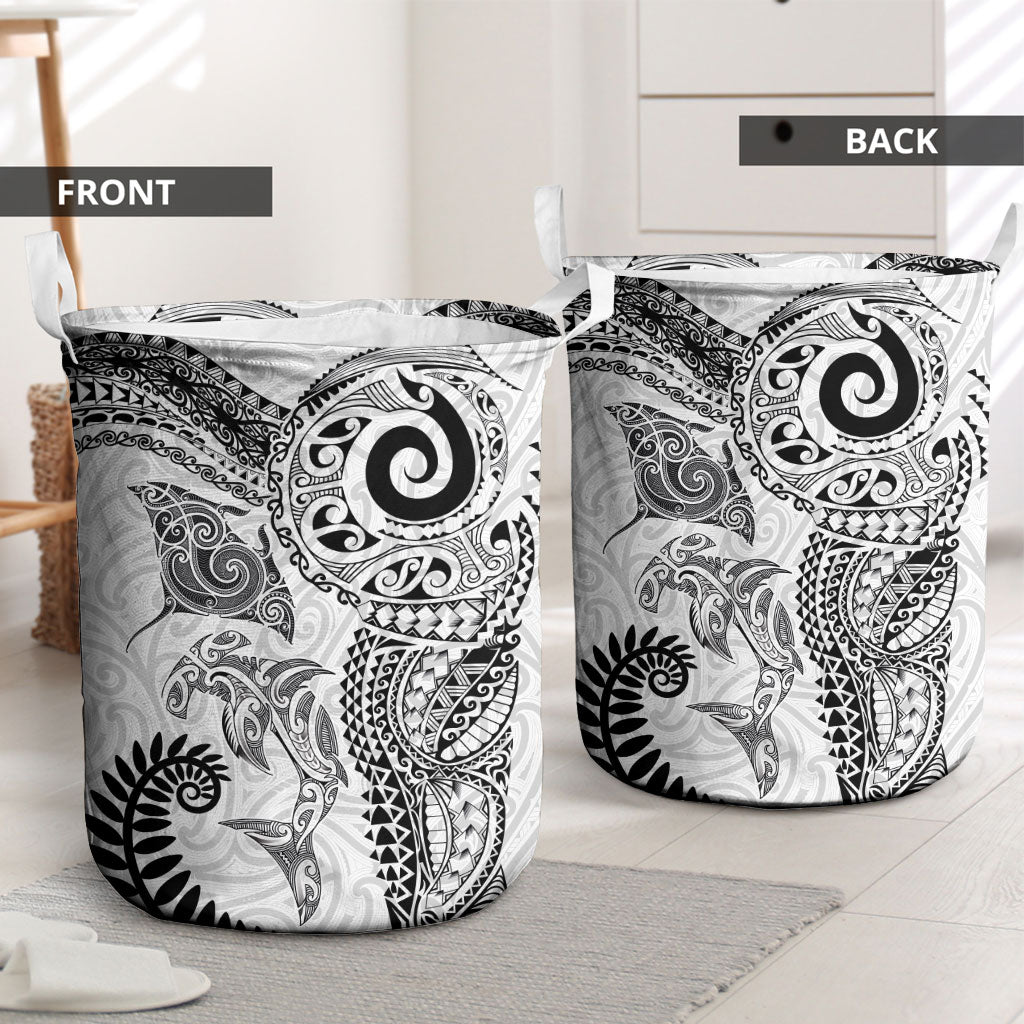 Aotearoa Maori Sea Animals Tribal Laundry Basket Manta Ray and Shark Moko Pattern White Color