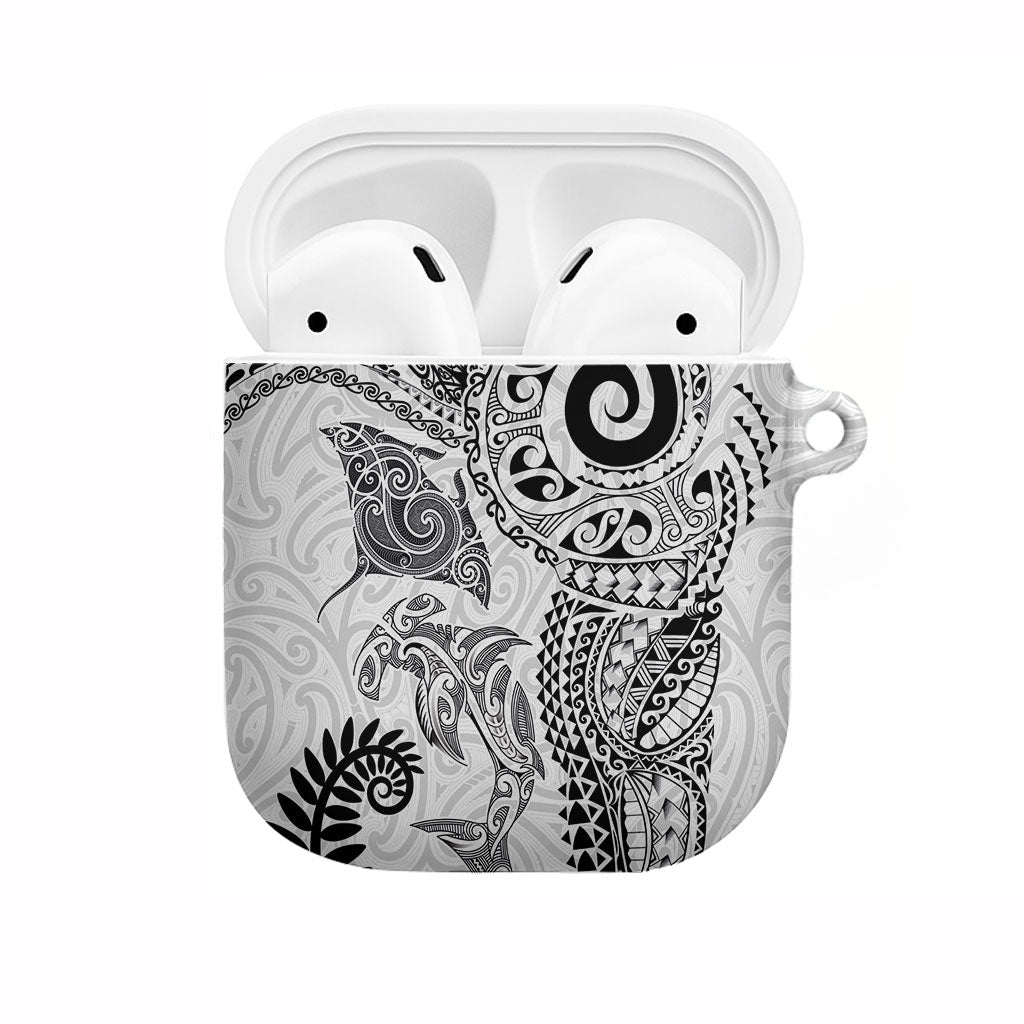 Aotearoa Maori Sea Animals Tribal AirPods Case Manta Ray and Shark Moko Pattern White Color