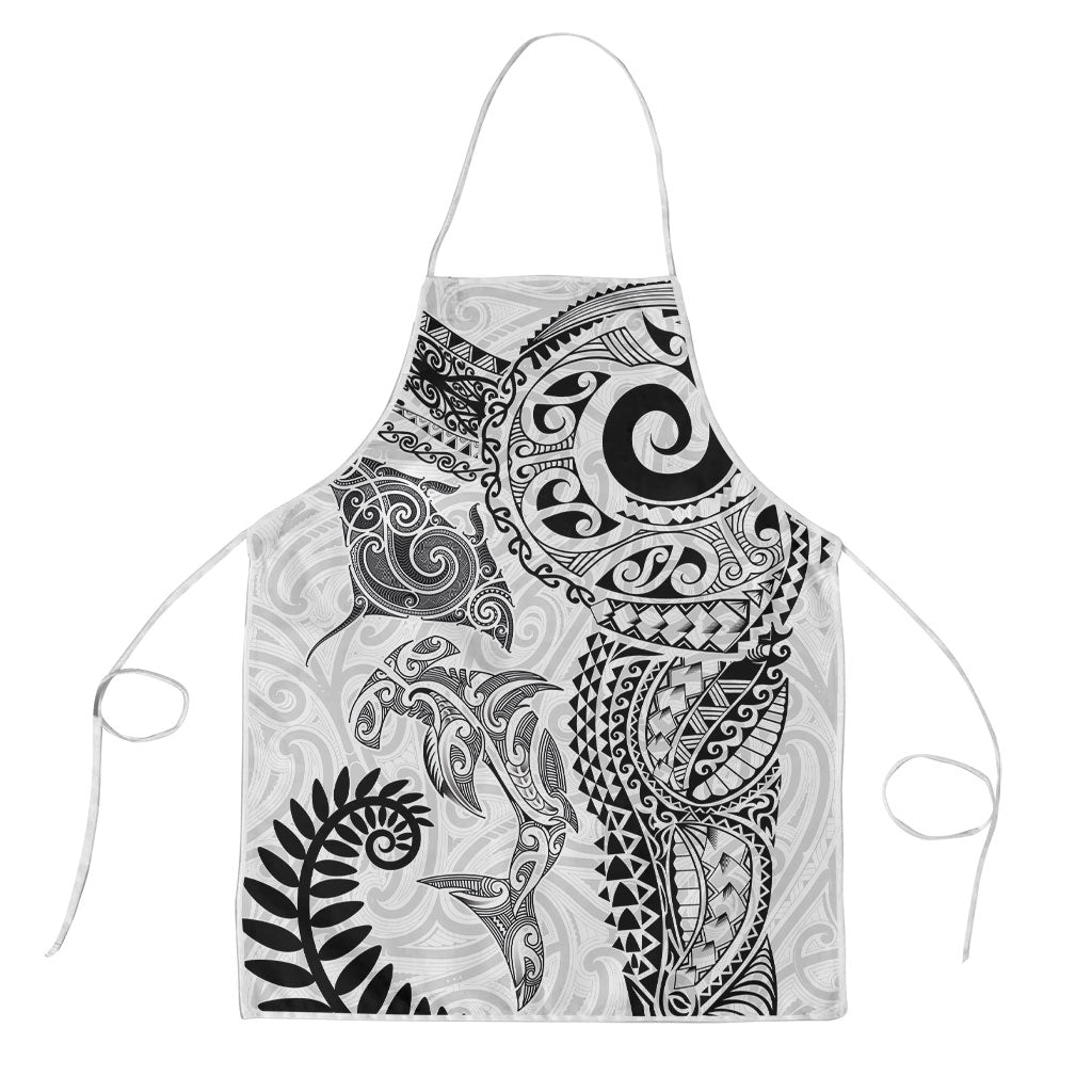 Aotearoa Maori Sea Animals Tribal Apron Manta Ray and Shark Moko Pattern White Color