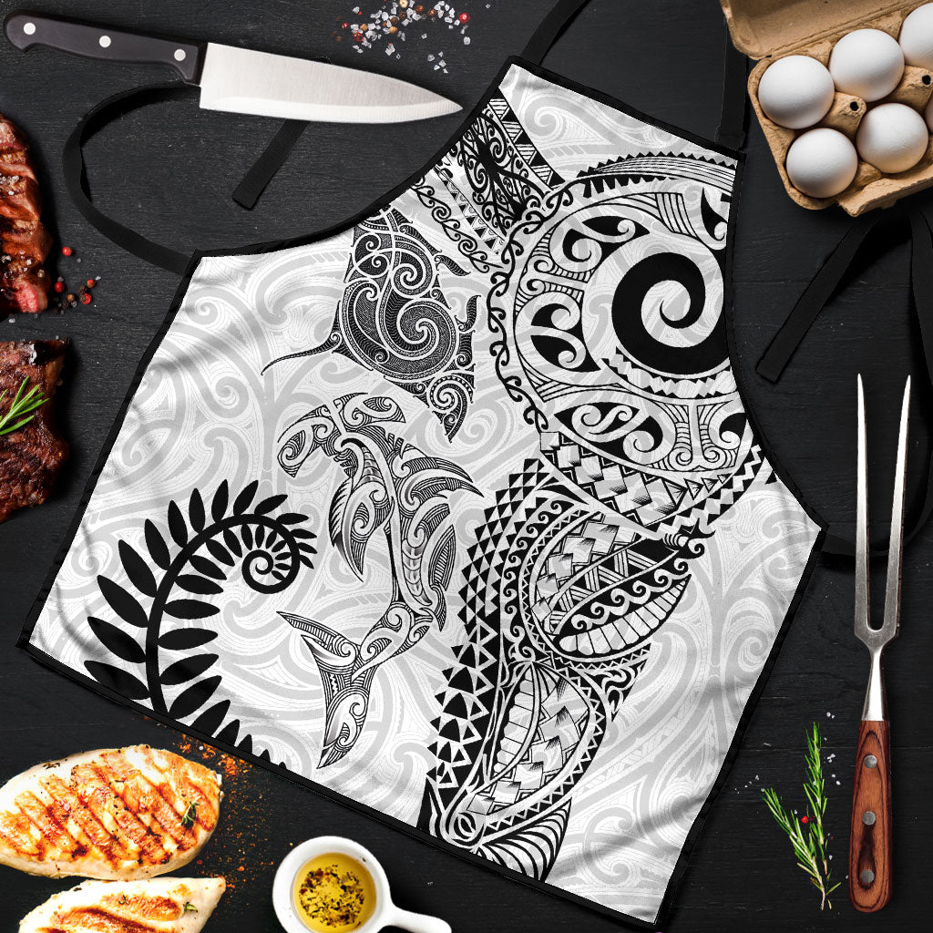 Aotearoa Maori Sea Animals Tribal Apron Manta Ray and Shark Moko Pattern White Color