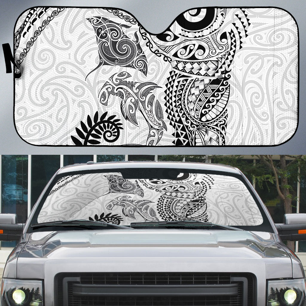 Aotearoa Maori Sea Animals Tribal Auto Sun Shade Manta Ray and Shark Moko Pattern White Color