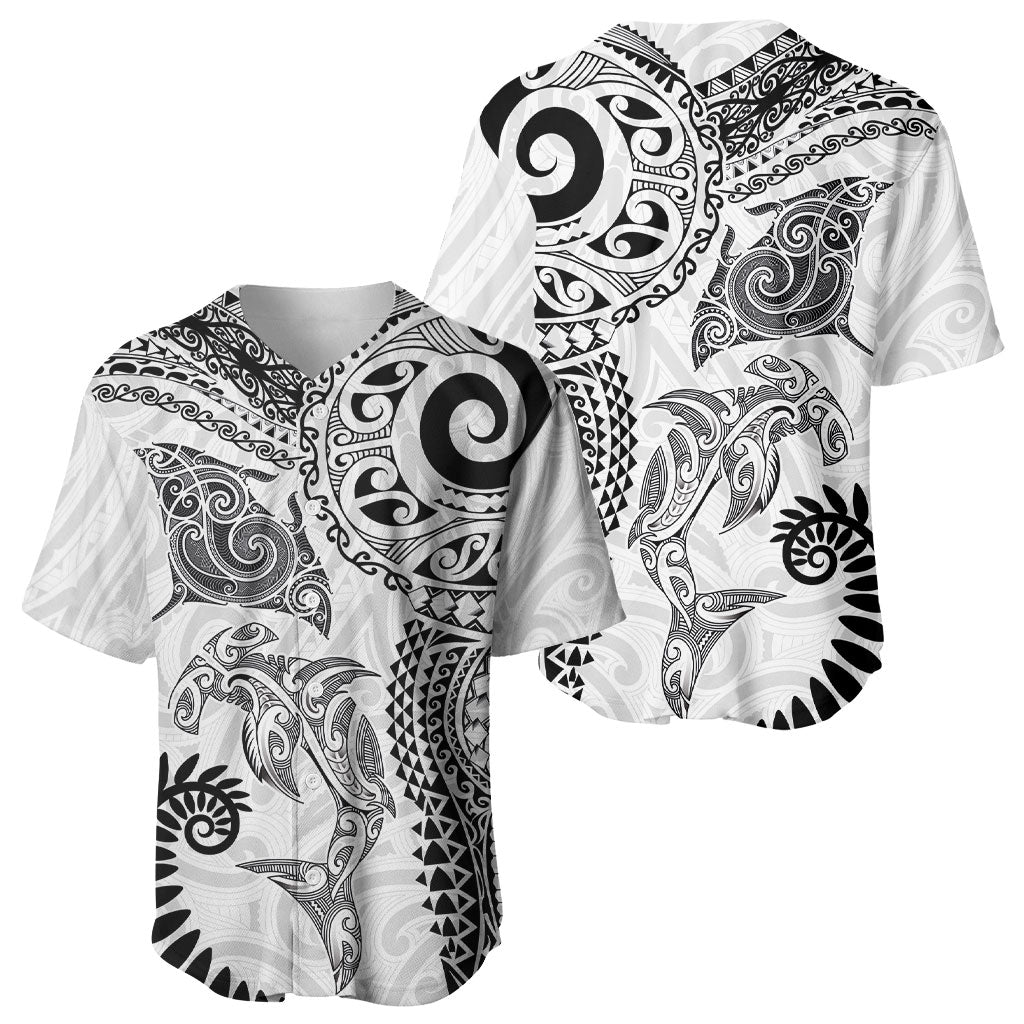 Aotearoa Maori Sea Animals Tribal Baseball Jersey Manta Ray and Shark Moko Pattern White Color