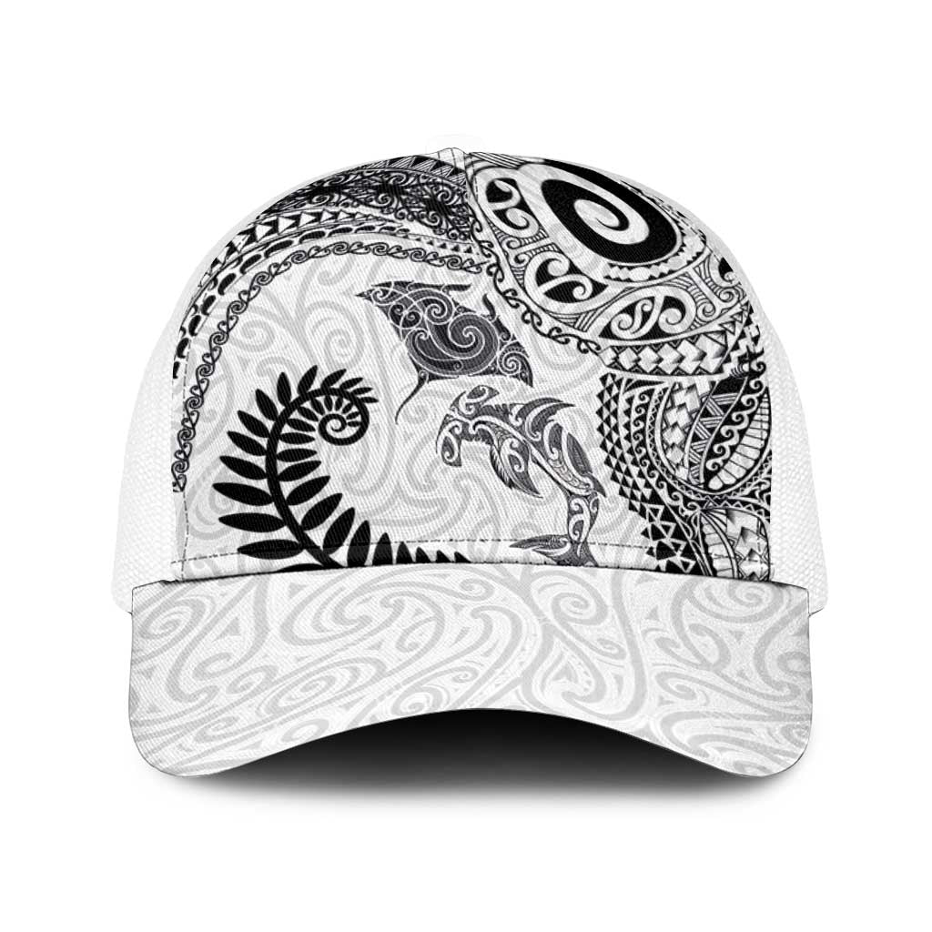 Aotearoa Maori Sea Animals Tribal Baseball Net Cap Manta Ray and Shark Moko Pattern White Color