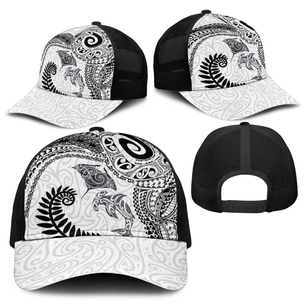 Aotearoa Maori Sea Animals Tribal Baseball Net Cap Manta Ray and Shark Moko Pattern White Color