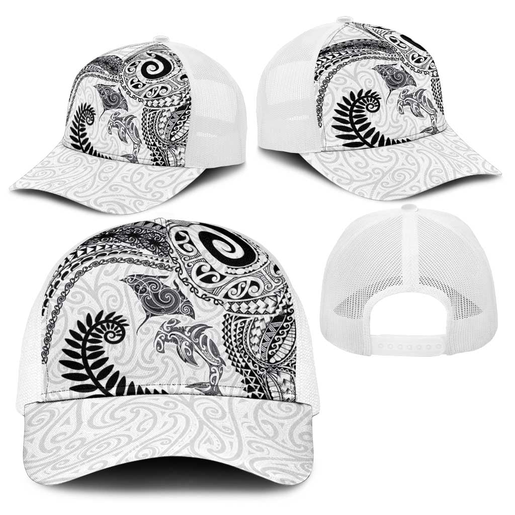 Aotearoa Maori Sea Animals Tribal Baseball Net Cap Manta Ray and Shark Moko Pattern White Color