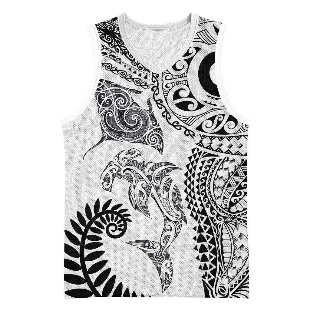 Aotearoa Maori Sea Animals Tribal Basketball Jersey Manta Ray and Shark Moko Pattern White Color