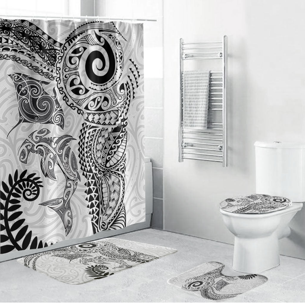 Aotearoa Maori Sea Animals Tribal Bathroom Set Manta Ray and Shark Moko Pattern White Color