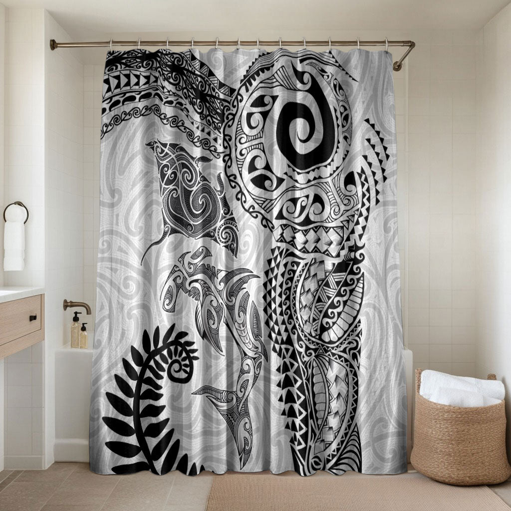 Aotearoa Maori Sea Animals Tribal Bathroom Set Manta Ray and Shark Moko Pattern White Color