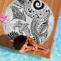 Aotearoa Maori Sea Animals Tribal Beach Blanket Manta Ray and Shark Moko Pattern White Color