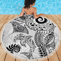 Aotearoa Maori Sea Animals Tribal Beach Blanket Manta Ray and Shark Moko Pattern White Color