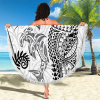 Aotearoa Maori Sea Animals Tribal Beach Blanket Manta Ray and Shark Moko Pattern White Color