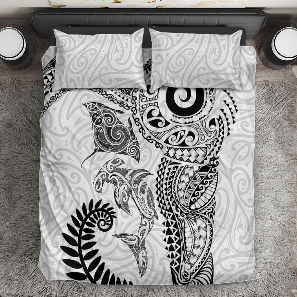 Aotearoa Maori Sea Animals Tribal Bedding Set Manta Ray and Shark Moko Pattern White Color