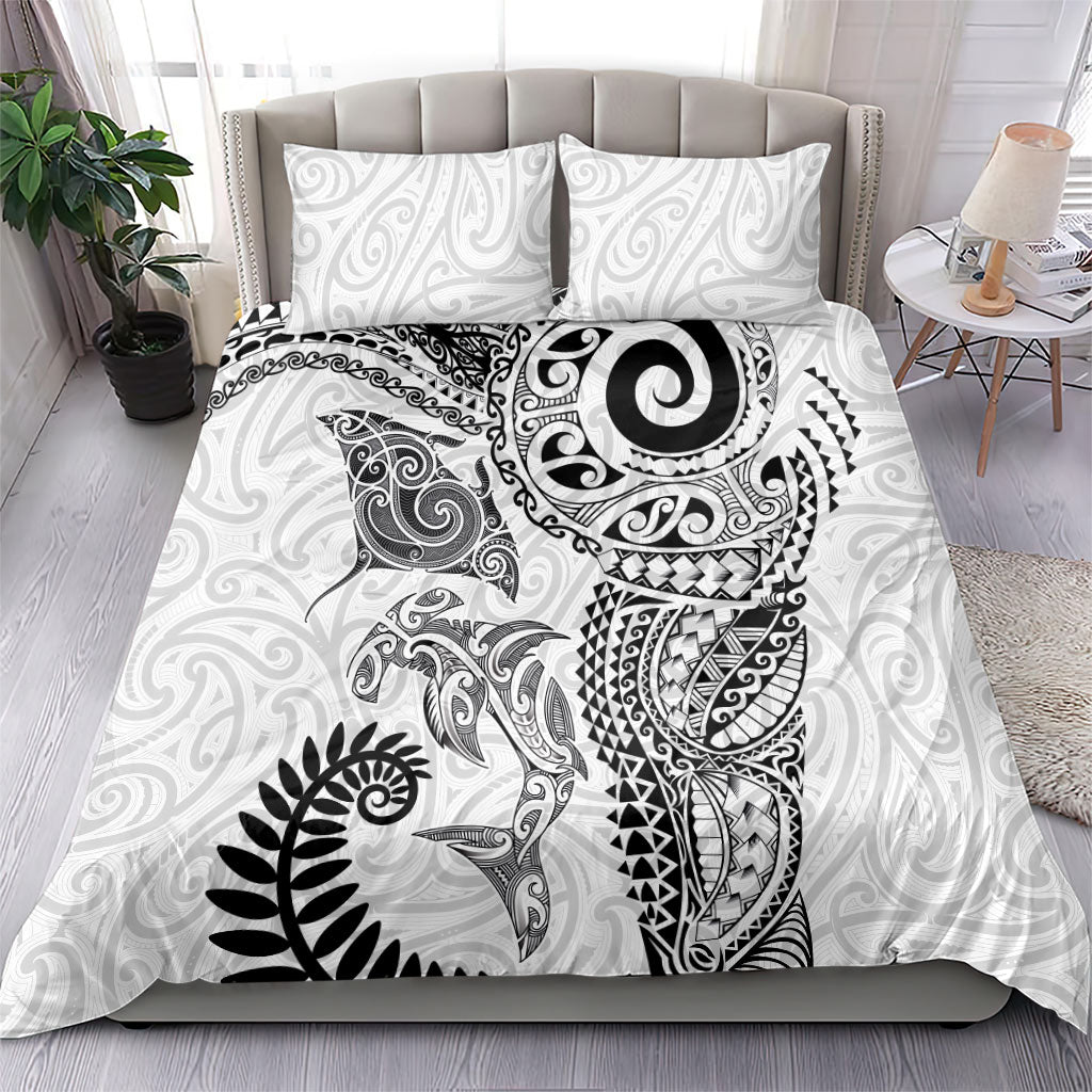 Aotearoa Maori Sea Animals Tribal Bedding Set Manta Ray and Shark Moko Pattern White Color