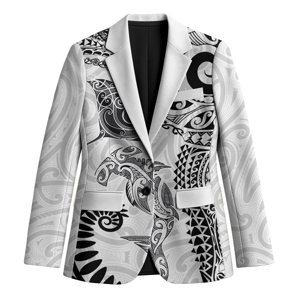 Aotearoa Maori Sea Animals Tribal Blazer Manta Ray and Shark Moko Pattern White Color