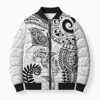 Aotearoa Maori Sea Animals Tribal Bomber Puffer Jacket Manta Ray and Shark Moko Pattern White Color