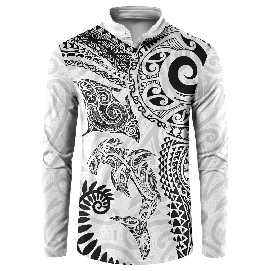 Aotearoa Maori Sea Animals Tribal Button Sweatshirt Manta Ray and Shark Moko Pattern White Color
