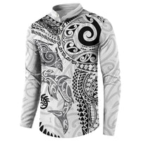 Aotearoa Maori Sea Animals Tribal Button Sweatshirt Manta Ray and Shark Moko Pattern White Color