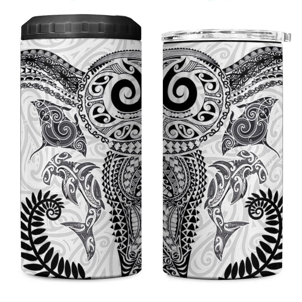 Aotearoa Maori Sea Animals Tribal 4 in 1 Can Cooler Tumbler Manta Ray and Shark Moko Pattern White Color