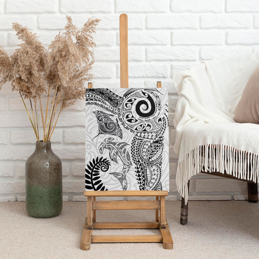 Aotearoa Maori Sea Animals Tribal Canvas Wall Art Manta Ray and Shark Moko Pattern White Color