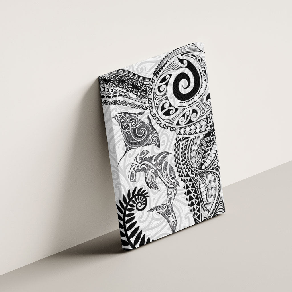Aotearoa Maori Sea Animals Tribal Canvas Wall Art Manta Ray and Shark Moko Pattern White Color