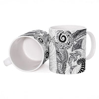 Aotearoa Maori Sea Animals Tribal Ceramic Mug Manta Ray and Shark Moko Pattern White Color