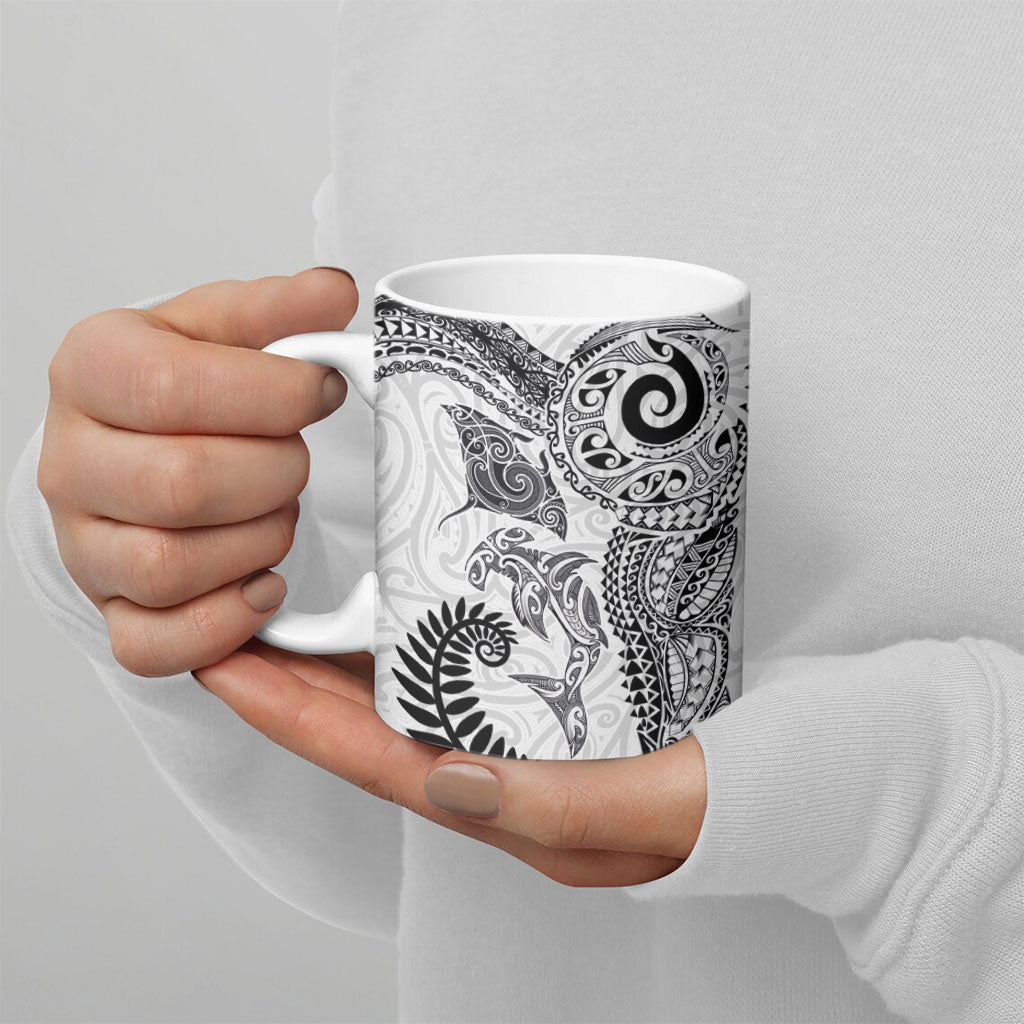 Aotearoa Maori Sea Animals Tribal Ceramic Mug Manta Ray and Shark Moko Pattern White Color