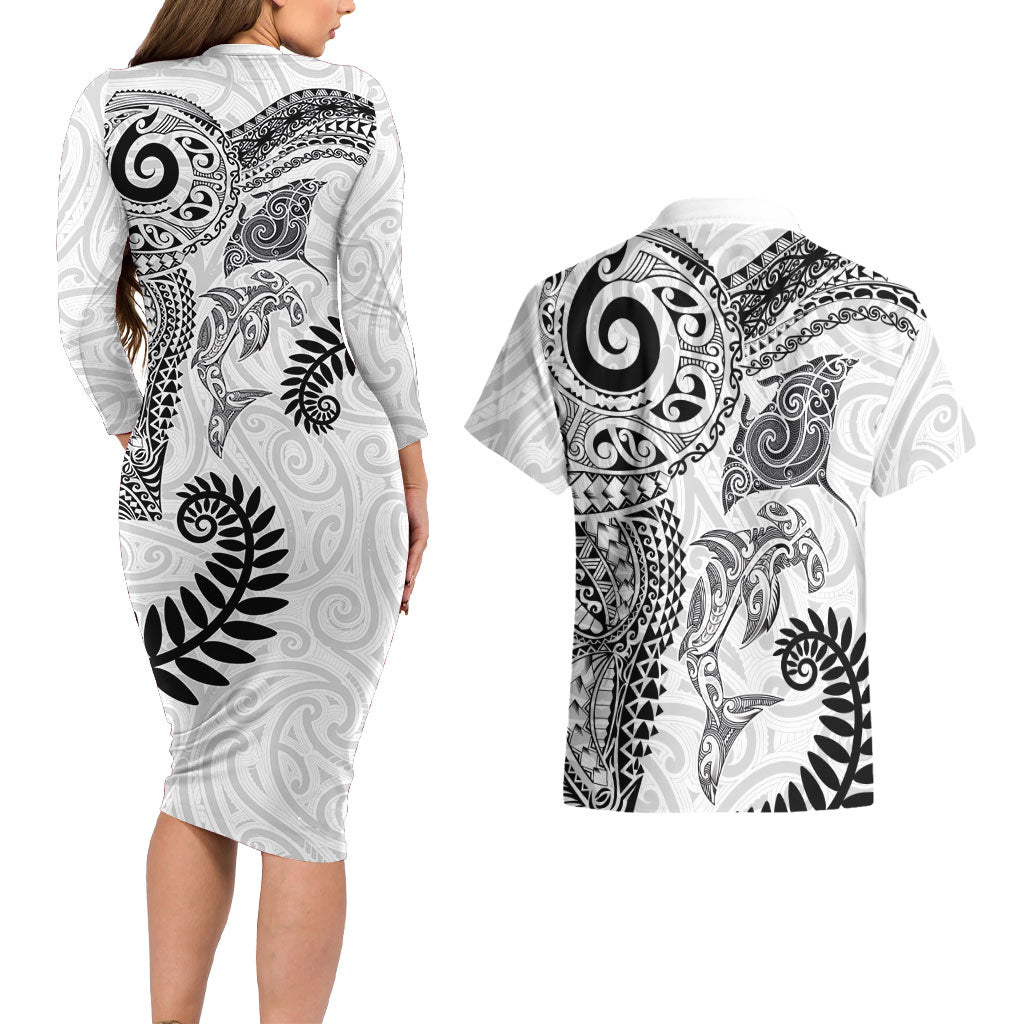 Aotearoa Maori Sea Animals Tribal Couples Matching Long Sleeve Bodycon Dress and Hawaiian Shirt Manta Ray and Shark Moko Pattern White Color LT03 - Polynesian Pride