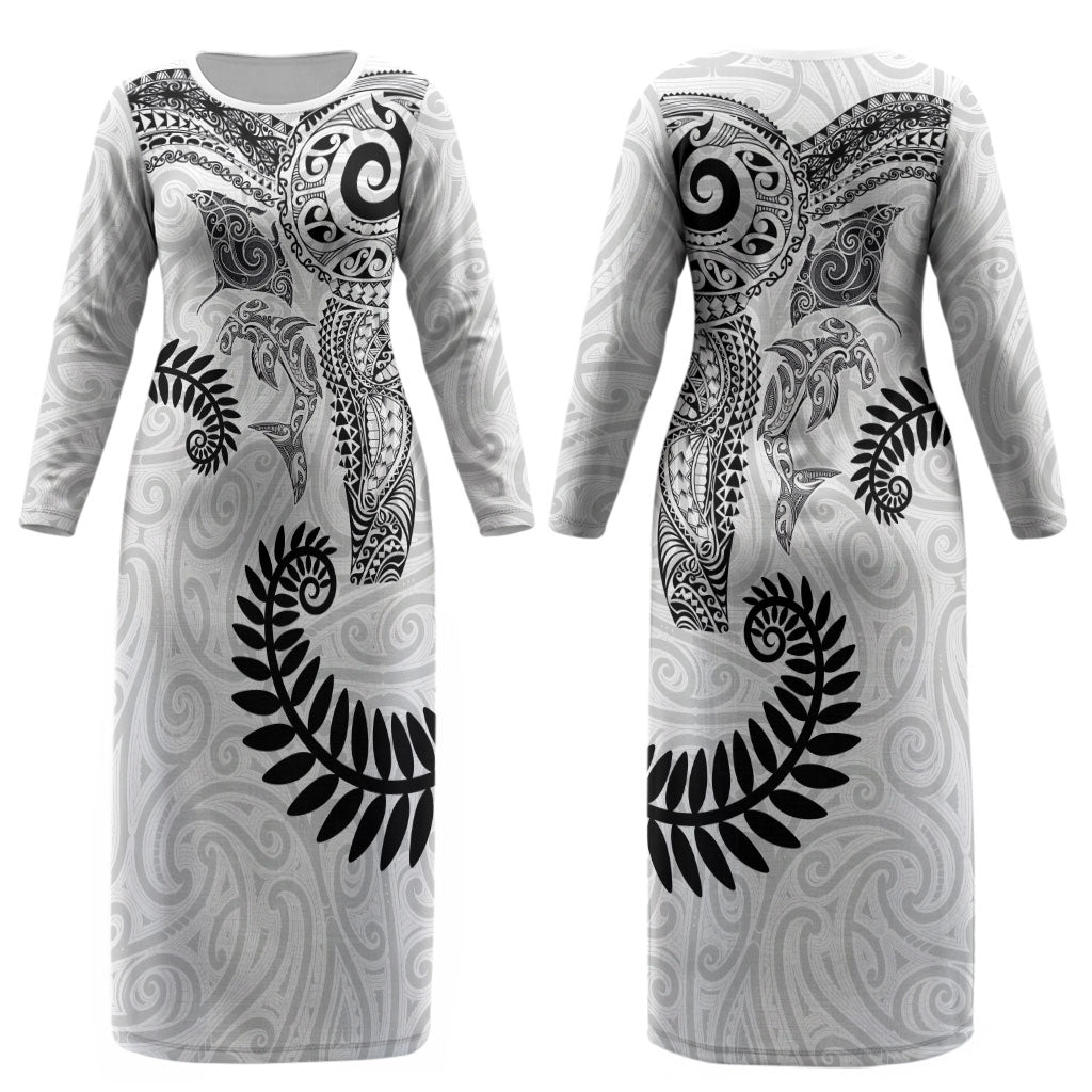 Aotearoa Maori Sea Animals Tribal Couples Matching Long Sleeve Bodycon Dress and Long Sleeve Button Shirt Manta Ray and Shark Moko Pattern White Color LT03 - Polynesian Pride