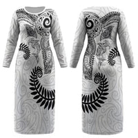 Aotearoa Maori Sea Animals Tribal Couples Matching Long Sleeve Bodycon Dress and Long Sleeve Button Shirt Manta Ray and Shark Moko Pattern White Color LT03 - Polynesian Pride