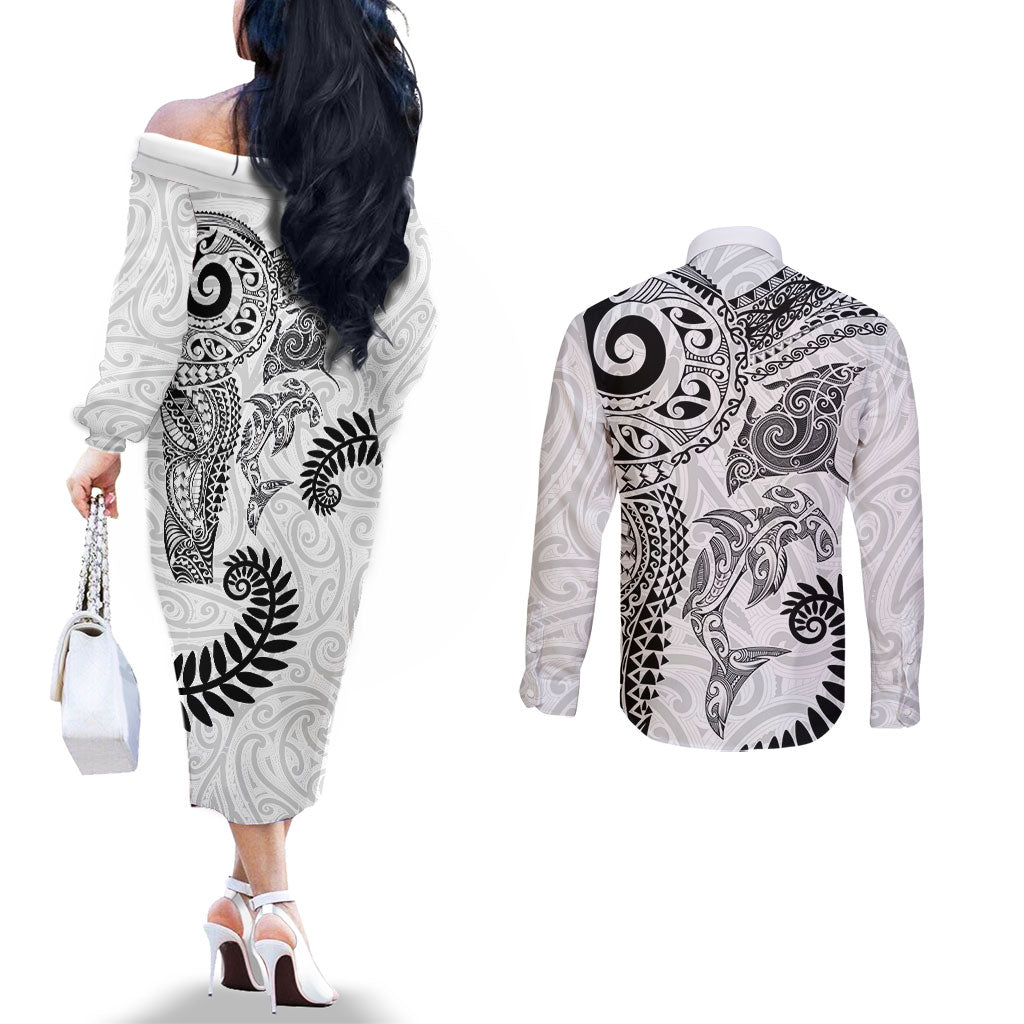 Aotearoa Maori Sea Animals Tribal Couples Matching Off The Shoulder Long Sleeve Dress and Long Sleeve Button Shirt Manta Ray and Shark Moko Pattern White Color LT03 - Polynesian Pride