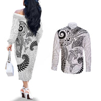 Aotearoa Maori Sea Animals Tribal Couples Matching Off The Shoulder Long Sleeve Dress and Long Sleeve Button Shirt Manta Ray and Shark Moko Pattern White Color LT03 - Polynesian Pride