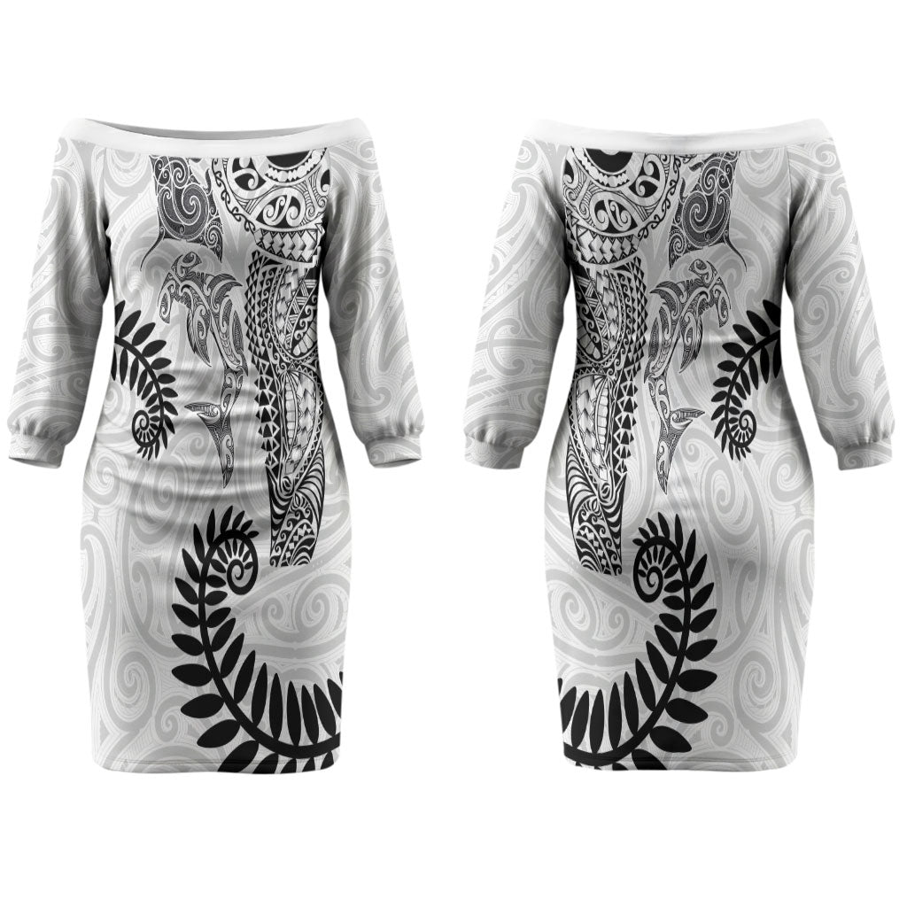 Aotearoa Maori Sea Animals Tribal Couples Matching Off The Shoulder Long Sleeve Dress and Long Sleeve Button Shirt Manta Ray and Shark Moko Pattern White Color LT03 - Polynesian Pride