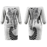 Aotearoa Maori Sea Animals Tribal Couples Matching Off The Shoulder Long Sleeve Dress and Long Sleeve Button Shirt Manta Ray and Shark Moko Pattern White Color LT03 - Polynesian Pride