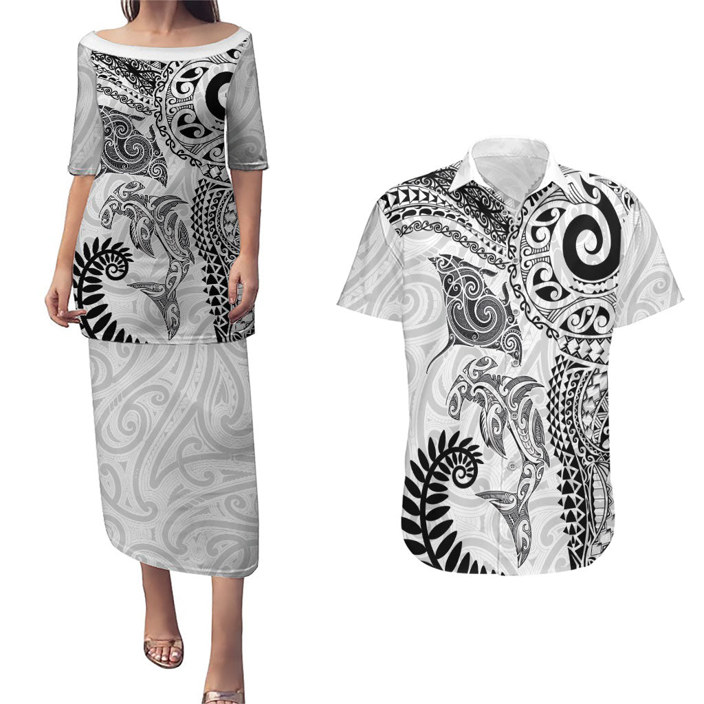 Aotearoa Maori Sea Animals Tribal Couples Matching Puletasi and Hawaiian Shirt Manta Ray and Shark Moko Pattern White Color LT03 White - Polynesian Pride
